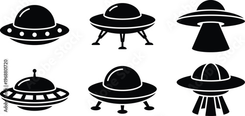 UFO Spaceship Vector Icon Set. UFO spaceship vector icon set with flying saucer designs isolated on white background science fiction illustration