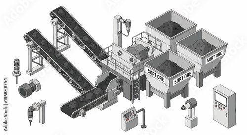 Industrial Recycling Plant Conveyor System and Storage Bins.