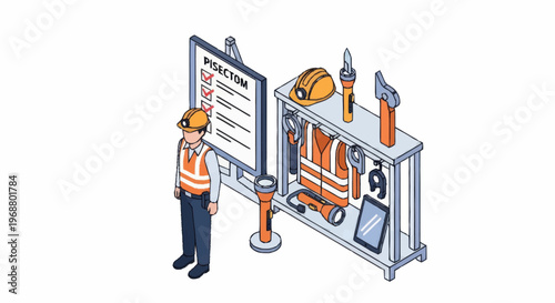 Construction worker safety equipment and checklist board.