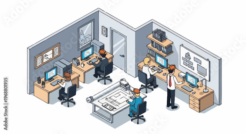 Office workers collaborating on a project at computers and blueprints.