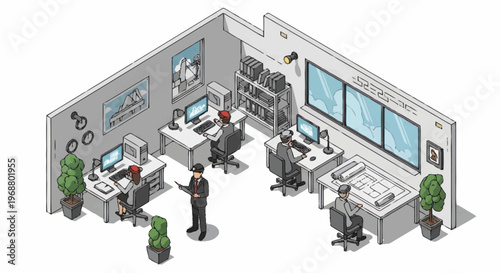 Modern Office Interior with Employees Working at Desks.