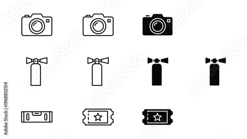 Collection of icons representing photography and entertainment equipment with film reels