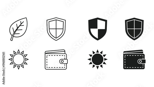Collection of eight distinct icons representing nature, security, and financial themes