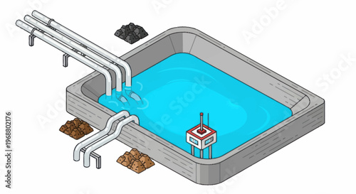 Industrial Water Treatment Facility with Pipes and Control Box.