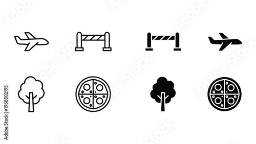 Contrasting icons of transportation, construction, nature, and food items