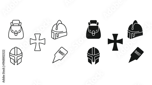 Medieval-themed icons featuring armor, bags, and quests