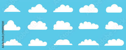 Cartoon white clouds icon set isolated on blue background. Vector set of clouds shapes. Ideal for weather, climate, sky, and meteorology-related designs. Vector illustration.