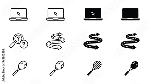 Illustrations depicting stages of web browsing, search, and sports equipment usage