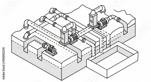 Industrial Water Pumping System with Multiple Pumps and Pipes.