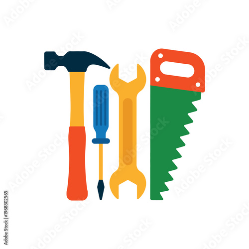 A set of colorful hand tools on a white background for DIY and home improvement projects