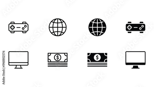 Icons representing gaming, global connectivity, and financial transactions on screens