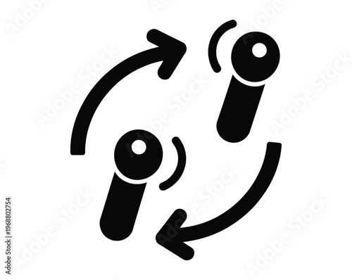 Black icon of two wireless earbuds swapping places with curved arrows