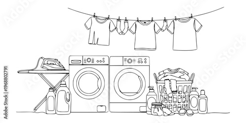 Laundry machines clothesline and detergents in clean line art on white background concept of home chores and organization