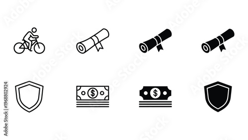 Eight distinct icons representing various themes and concepts