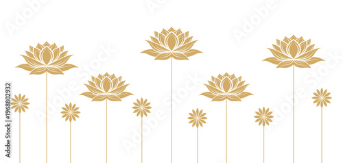 Vector illustration of beautiful lotus flowers lined up harmoniously in gold color