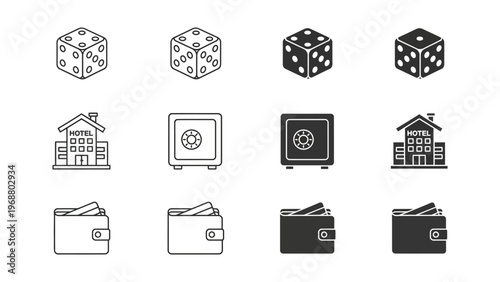 Iconic symbols representing gambling and financial themes in a monochromatic style