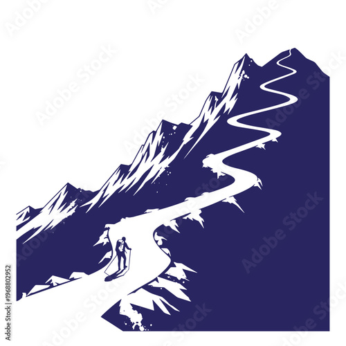 Silhouette of a hiker trekking up a steep winding mountain path with jagged rocky peaks in a dark blue and white style