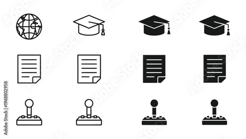 Icons representing education, documents, and game controllers in varying styles