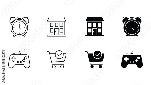 Contrast of daily life icons with filled and empty styles for visual emphasis