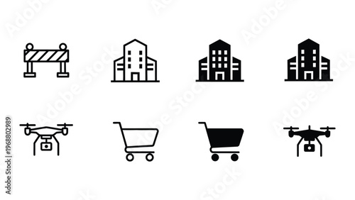 Modern icons representing construction, retail, and drone delivery services
