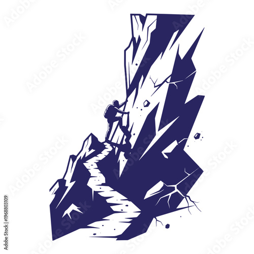 Silhouette of a lone climber ascending a steep jagged mountain peak with a winding trail leading up the rocky cliff face in a two tone blue style