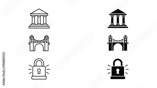 Comparison of classical architecture and security symbols in monochrome styles