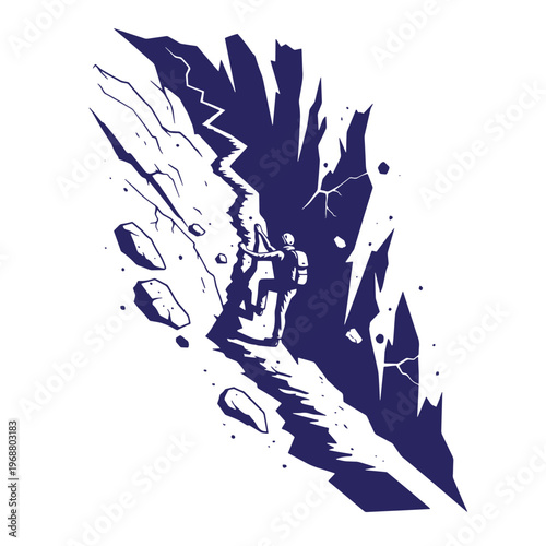 Silhouette of a lone mountaineer climbing a steep jagged rock face with scattered boulders and deep crevices in a two tone dark blue and white style