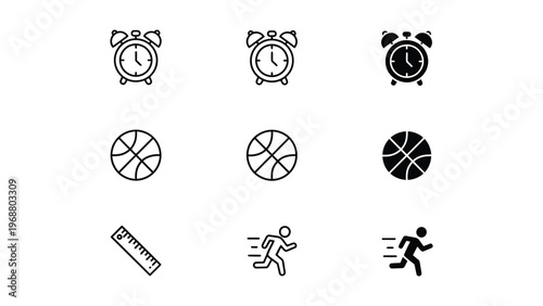 Visual representation of time, sports, and measurement icons in a grid layout