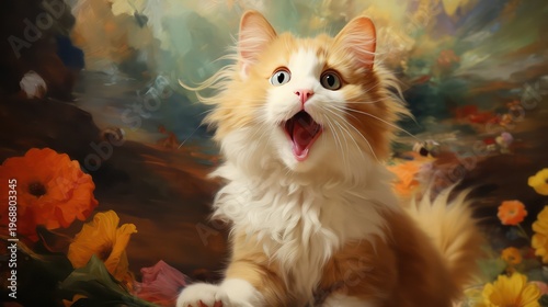 Cute cat on floral background, closeup. Fluffy pet