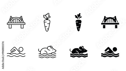 Contrasting icons of infrastructure, vegetables, swimming, and rodents
