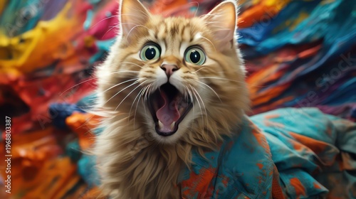 Cute ginger cat yawning on a multicolored background