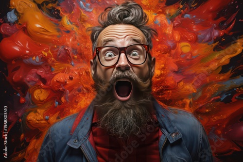 Portrait of a funny man with a long beard, mustache and glasses