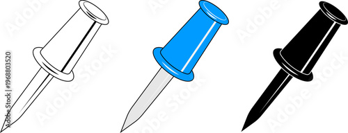 A set of three push pin icons in outline, blue, and black styles for office and map marking designs