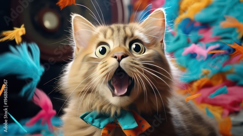 Funny cat with colorful ribbons and confetti on dark background