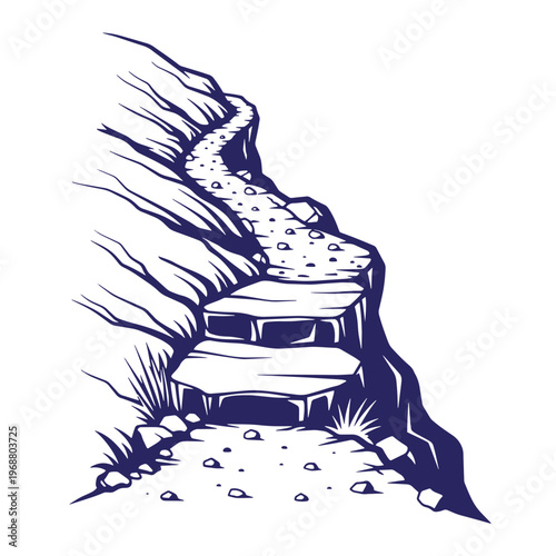 Dark blue ink style of a steep mountain trail with stone steps winding up a rocky cliffside with patches of grass and scattered pebbles on a white background