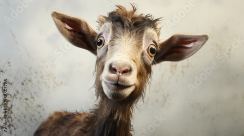 Young goat on a background of gray wall