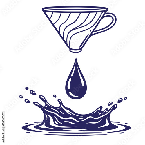 Dark blue line of a coffee dripper cone with a single falling drop and a liquid splash below on a white background