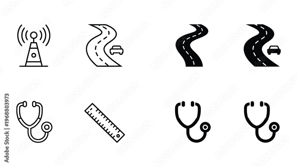 Fototapeta premium Collection of icons representing communication, transportation, and healthcare themes