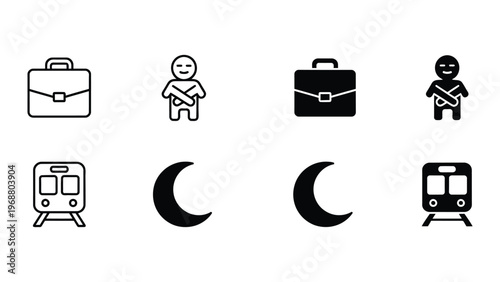 Contrast of day and night commuting with briefcase and travel icons