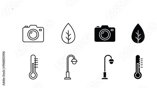 Contrasting icons of photography, nature, weather, and urban elements