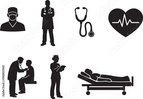 Medical professionals and healthcare symbols with vital signs with medical staff hospital bed