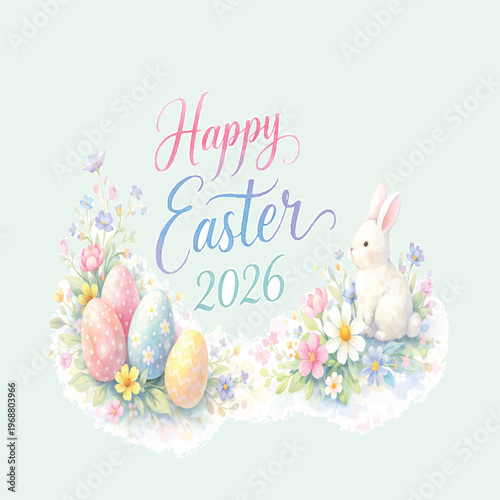 A beautiful watercolor-style Easter greeting card featuring elegant hand-painted brush lettering that reads “Happy Easter 2026.” The design showcases soft pastel tones on a clean white background, dec