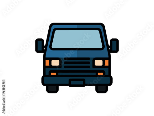 A cartoon blue van with orange lights on a white background
