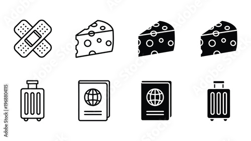 Travel essentials and international culinary symbols in icon form