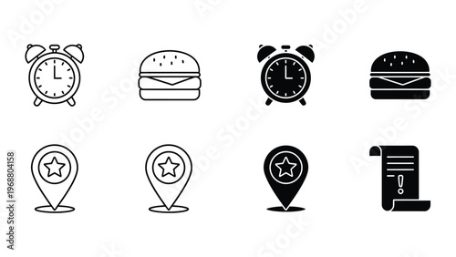 Icon set depicting time management and meal planning with location markers