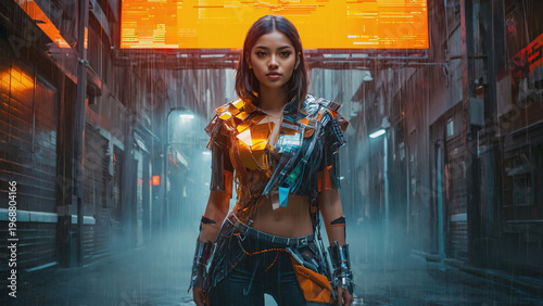 Cyberpunk-inspired model in a hoodie made from layered recycled textiles and metal. Ai generated.