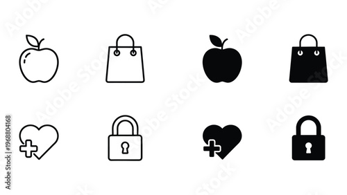 Contrasting icons of apples, bags, hearts, and locks in black and white styles
