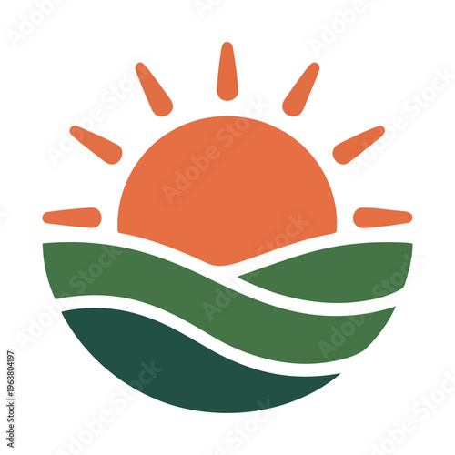 Orange sun rising over green rolling hills simple minimalist