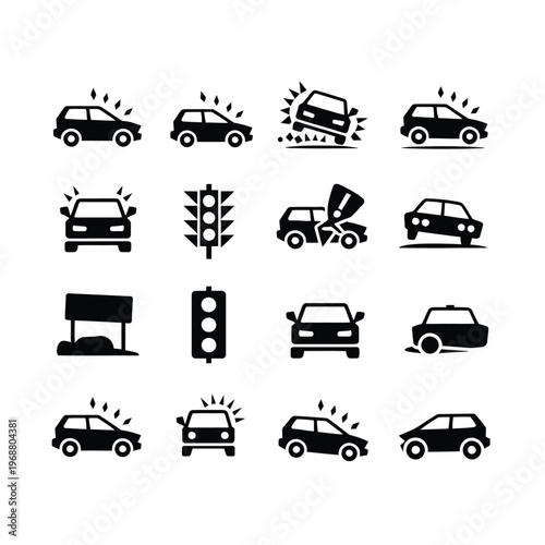 Black and White Car Accident and Traffic Sign Icon Set