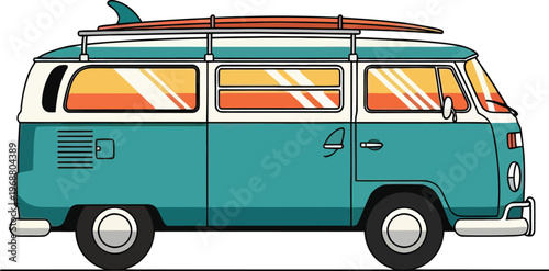 A retro vintage camper van with surfboard on roof, ready for summer trip